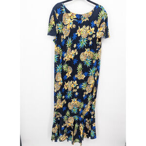 Vintage Hawaiian Dress Womens XL Blue Midi Pineapple Resort Tropical Ruffle Luau
